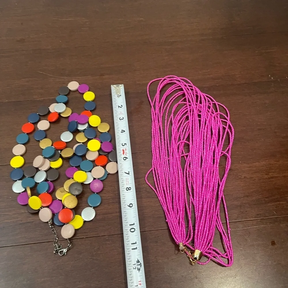 set of 2 -Colorful Disc Necklace and Pink Beaded Necklace Set